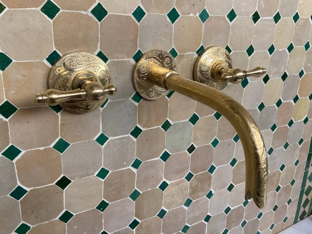 Wall Mounted Faucet - Solid Brass Unlacquered Bathroom Fixture With Vintage Lever Handles for Rus... | Etsy (US)