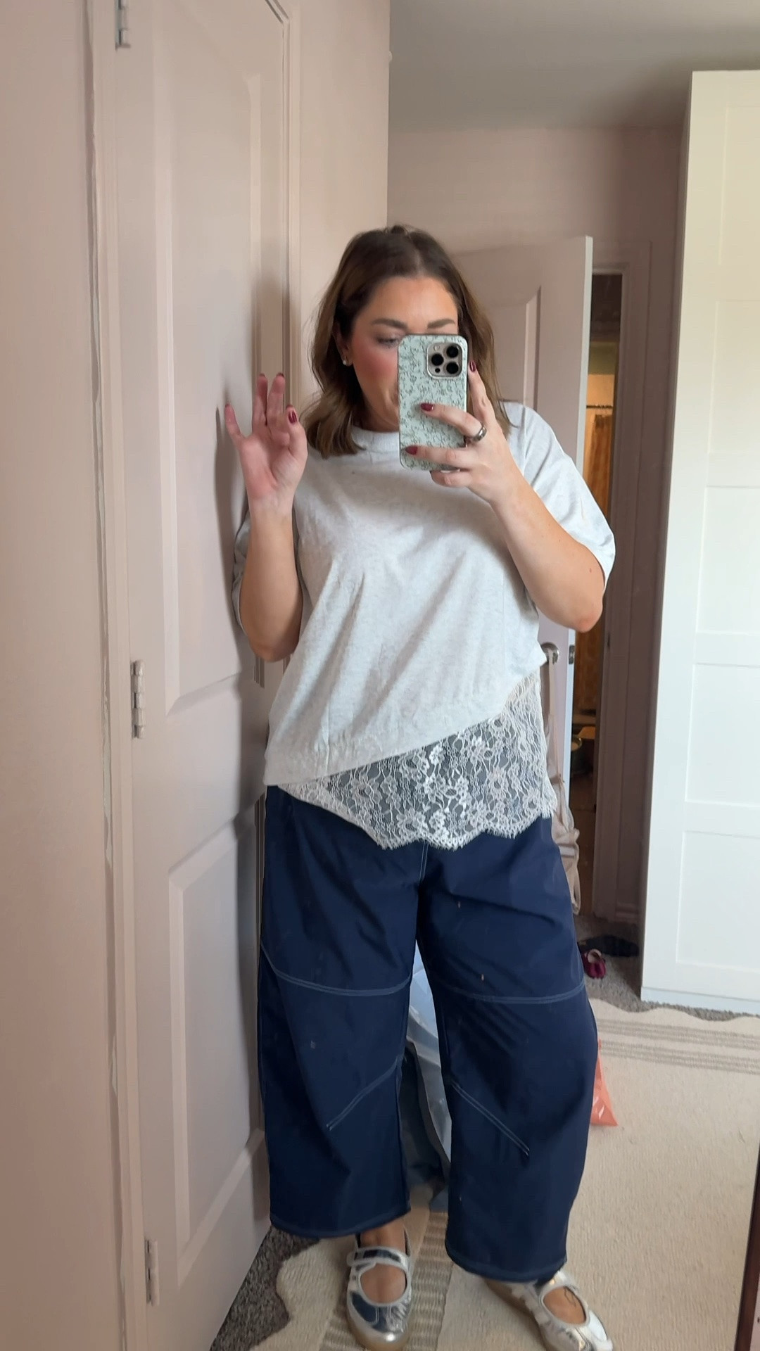 Easy fall transition outfit wearing xl in lace tee large in barrel pants and these Mary Jane Adidas sambas go with everything ￼

#LTKMidsize #LTKootd #LTKgrwm