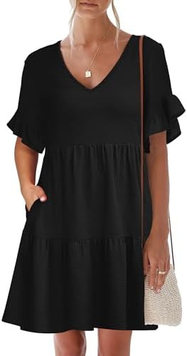 Caracilia Dresses for Women Summer Casual 2026 Ruffle Short Sleeve A Line Tiered Flowy Cute V Nec... | Amazon (US)