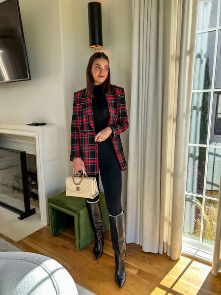 How FUN is this holiday plaid blazer?! I’m in love with it! Such a cute holiday staple item. Great for the office, a casual holiday gathering, happy hour etc. Runs true to size, wearing a small! Paired it with two great closet staple items: commando neoprene leggings which have tummy control & a basic black turtleneck bodysuit! Both are fall/winter closet staple items that have lasted me for years.

#LTKHoliday #LTKSeasonal #LTKstyletip