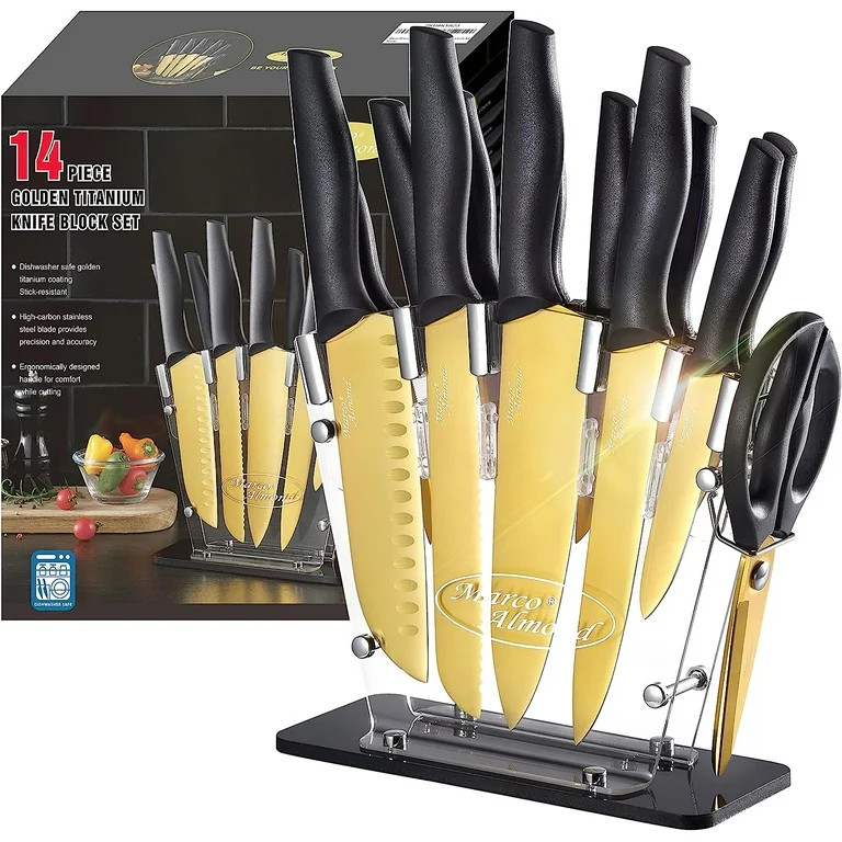 Golden Kinfe set,Marco Almond KYA23 14-Piece Dishwasher Safe Knife Set with Stand Kitchen Knives ... | Walmart (US)