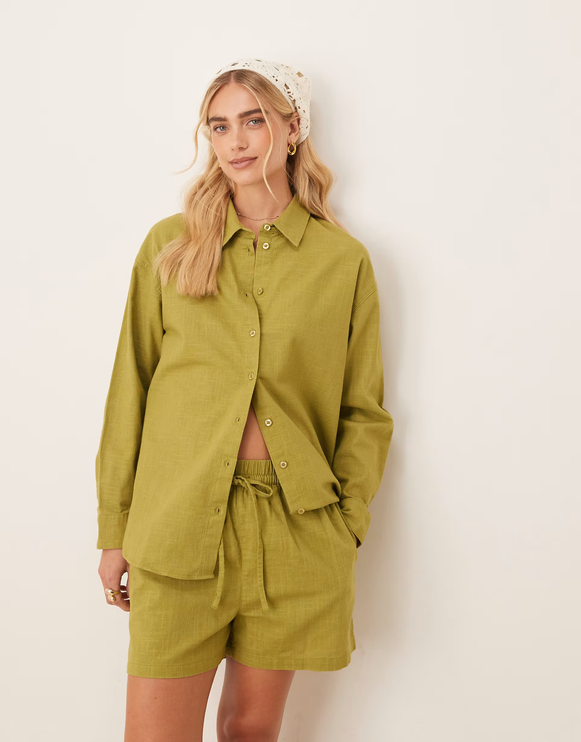 ASOS DESIGN oversized linen look shirt in olive - part of a set | ASOS (Global)