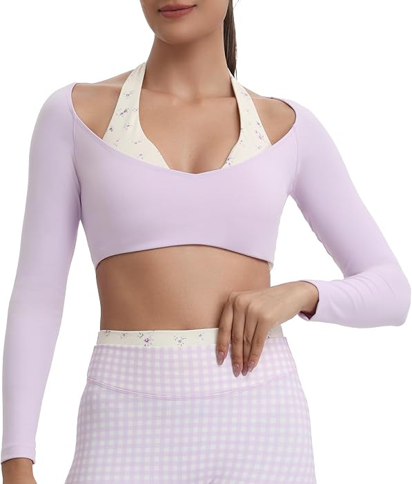 Aoxjox Dual Core Halter Long Sleeve Crop Tops | Amazon (US)