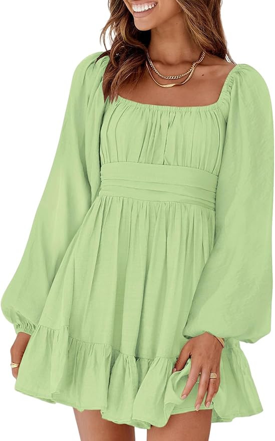 Dokotoo Womens Dress Long Lantern Sleeve Square Neck Tie Backless Sexy Dress Ruffle Elastic Waist... | Amazon (US)