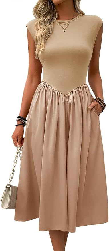 Imily Bela Womens Casual Cap Sleeve Midi Dress Crewneck Swing Flowy Empire Waist Long Dress 2025 ... | Amazon (US)