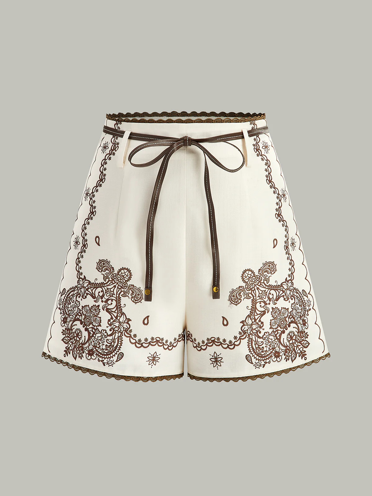 Floral Printed Suit Shorts with Lace Trims and Belt | Commense