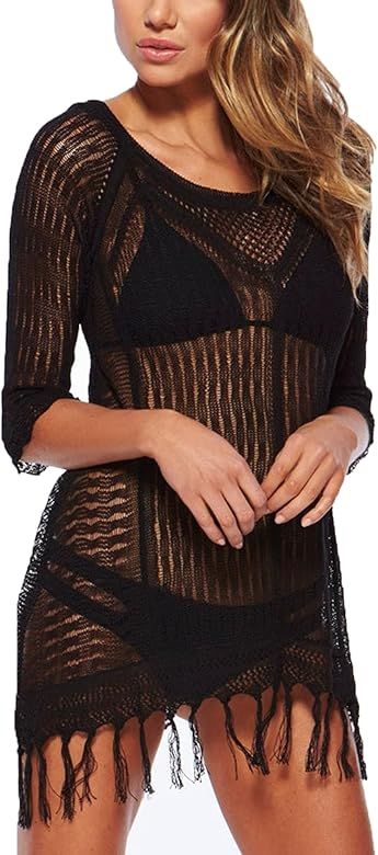 Wander Agio Beach Swimsuit for Women Sleeve Coverups Bikini Cover Up Net Slit Dark Beige | Amazon (US)