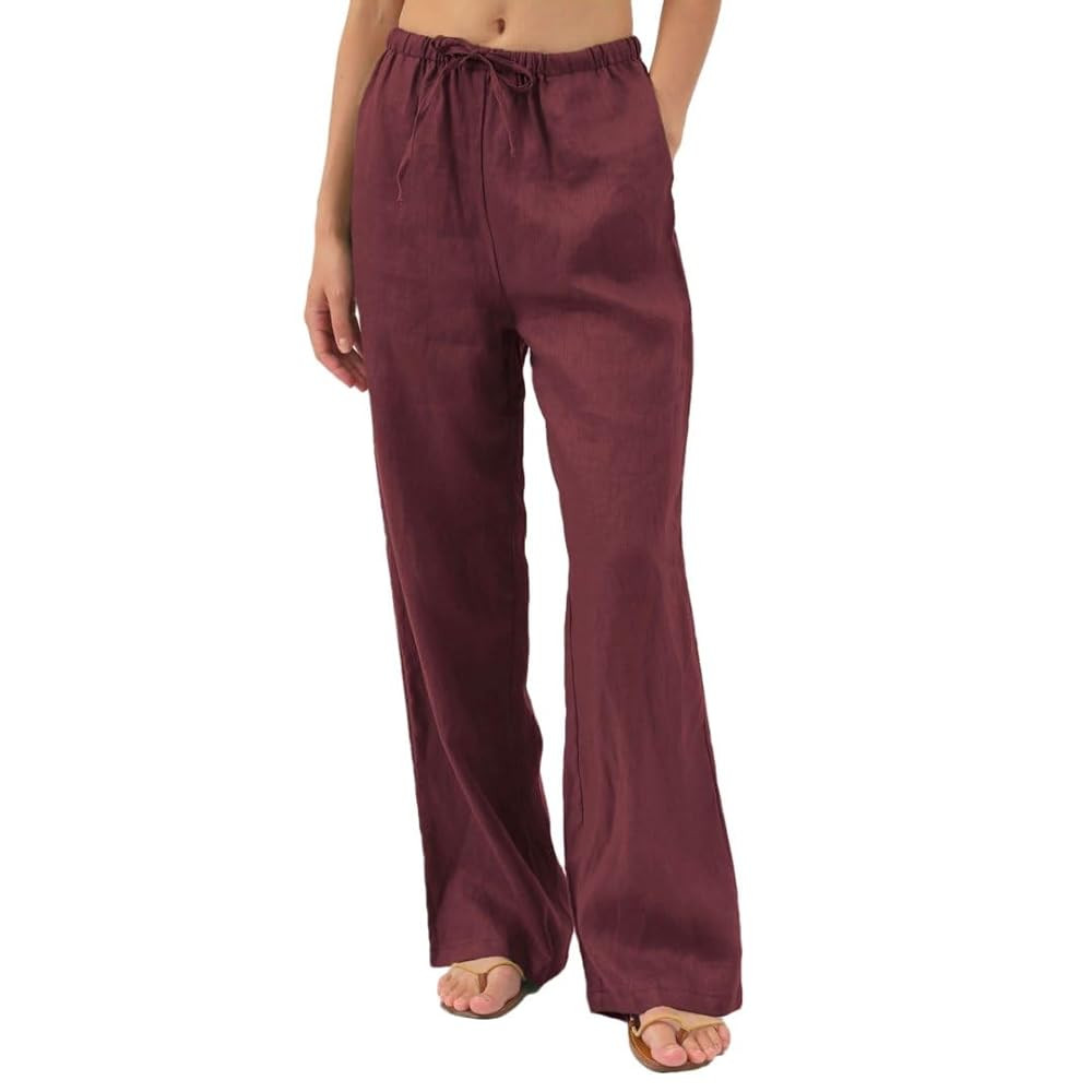 Amazhiyu Womens Pure Linen Summer Drawstring Flowy Wide Leg Pants with Pockets | Amazon (US)