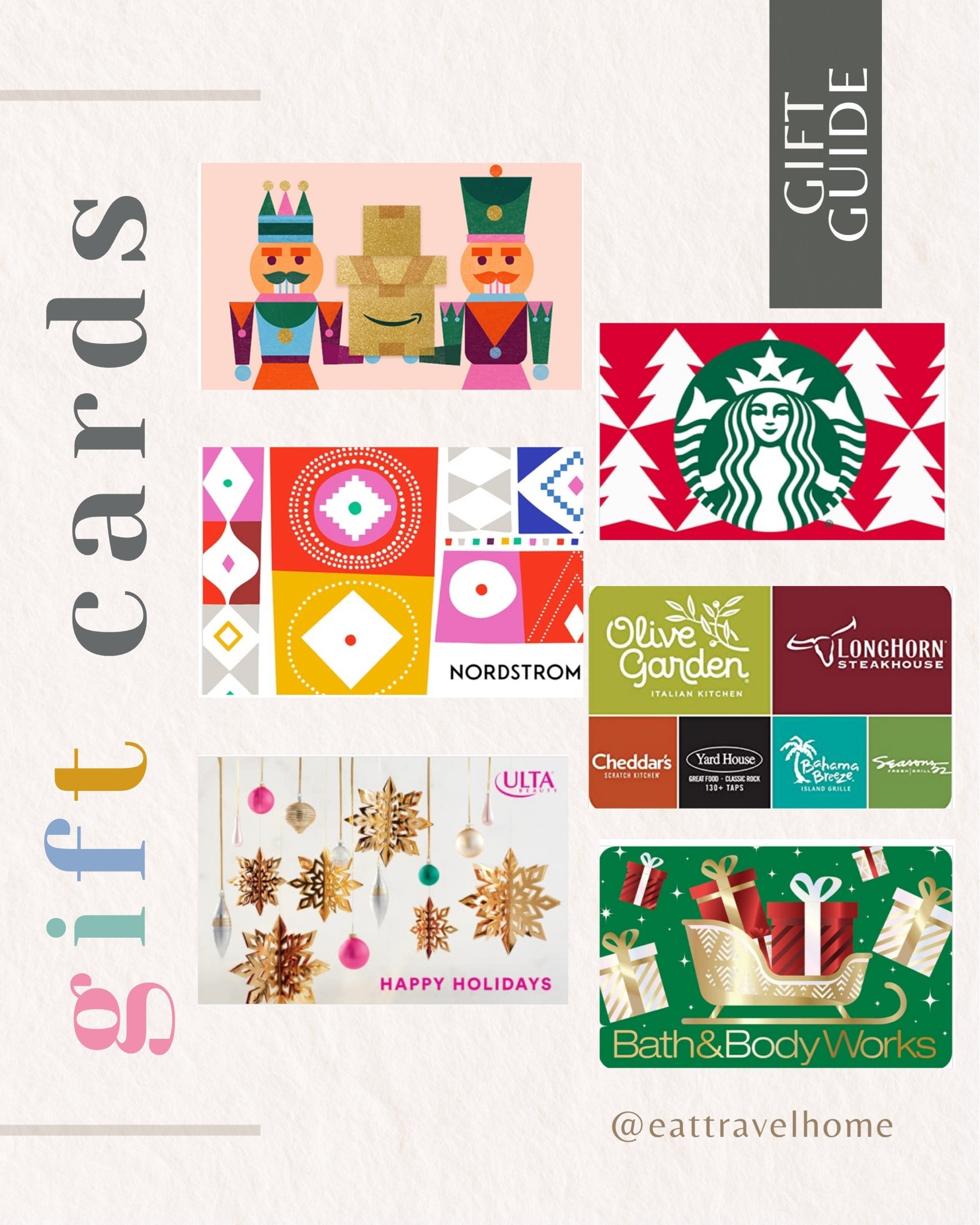 Holiday Gift Cards for Everyone on your list! (For those last minute holiday presents)

•Amazon
•Nordstrom
•Starbucks
•Olive Garden
•Bath and Body Works
•Ulta Beauty 
•Sephora Beauty
•Long Horn Steakhouse
•Netflix
•Texas Roadhouse Steak
•The Cheesecake Factory 
•Bahamas Breeze
•Disney Plus, Hulu, ESPN, National Geographic


#LTKHoliday #LTKGiftGuide #LTKSeasonal