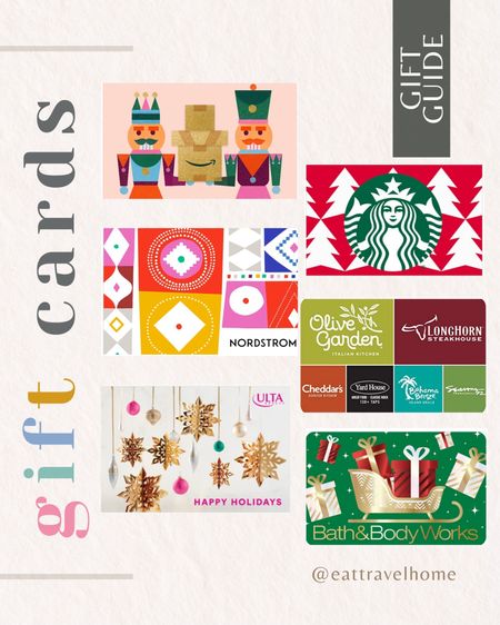 Holiday Gift Cards for Everyone on your list! (For those last minute holiday presents)

•Amazon
•Nordstrom
•Starbucks
•Olive Garden
•Bath and Body Works
•Ulta Beauty 
•Sephora Beauty
•Long Horn Steakhouse
•Netflix
•Texas Roadhouse Steak
•The Cheesecake Factory 
•Bahamas Breeze
•Disney Plus, Hulu, ESPN, National Geographic


#LTKHoliday #LTKGiftGuide #LTKSeasonal
