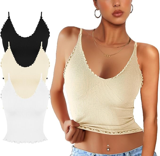 CHYRII Women 3 Pack Ruffled V Neck Cropped Tops Workout Basic Ribbed Camisole Tank Tops | Amazon (US)
