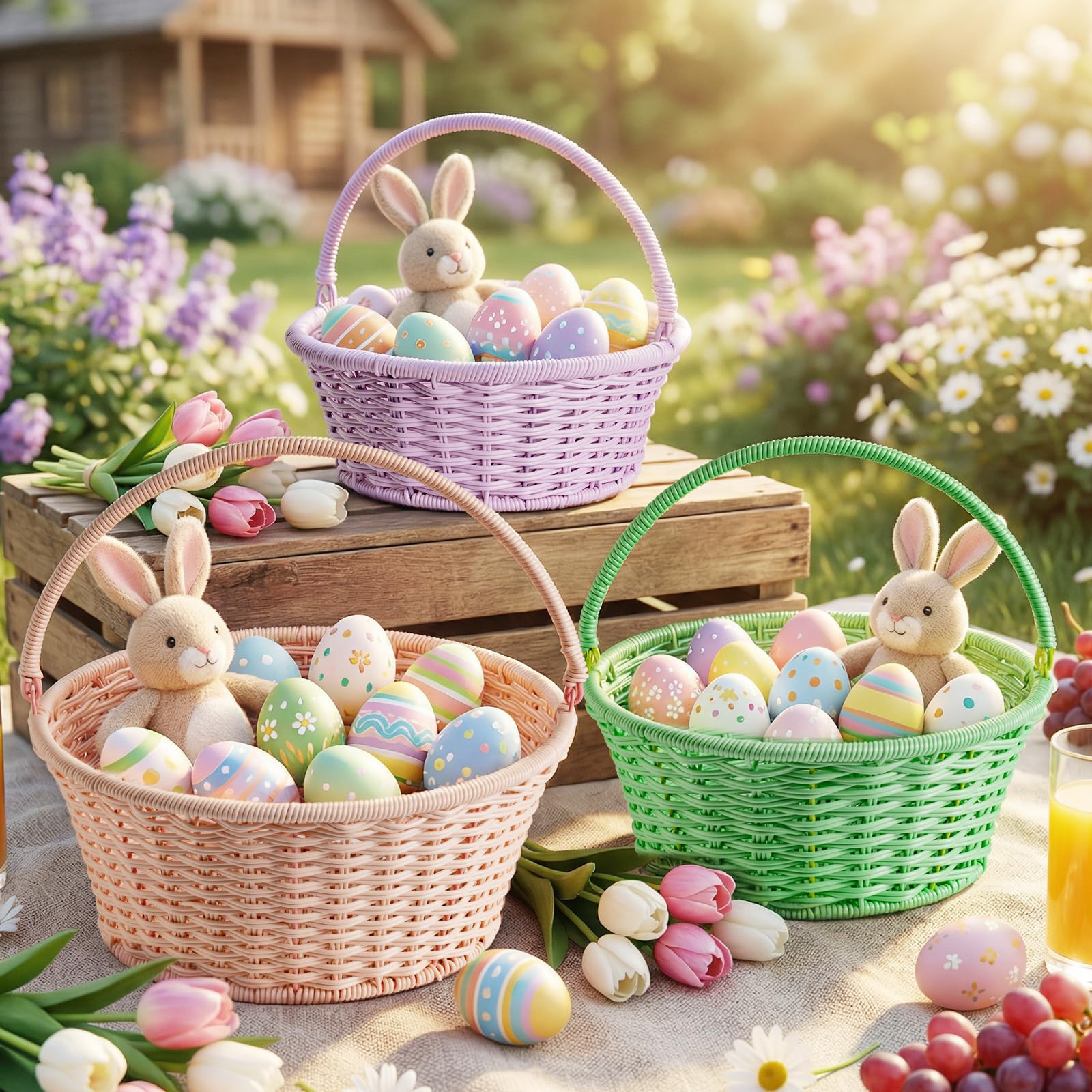 Lanpn Easter Rattan Basket 3 Pcs Set Large Medium Small Woven Baskets Waterproof for Egg Hunt Can... | Amazon (US)