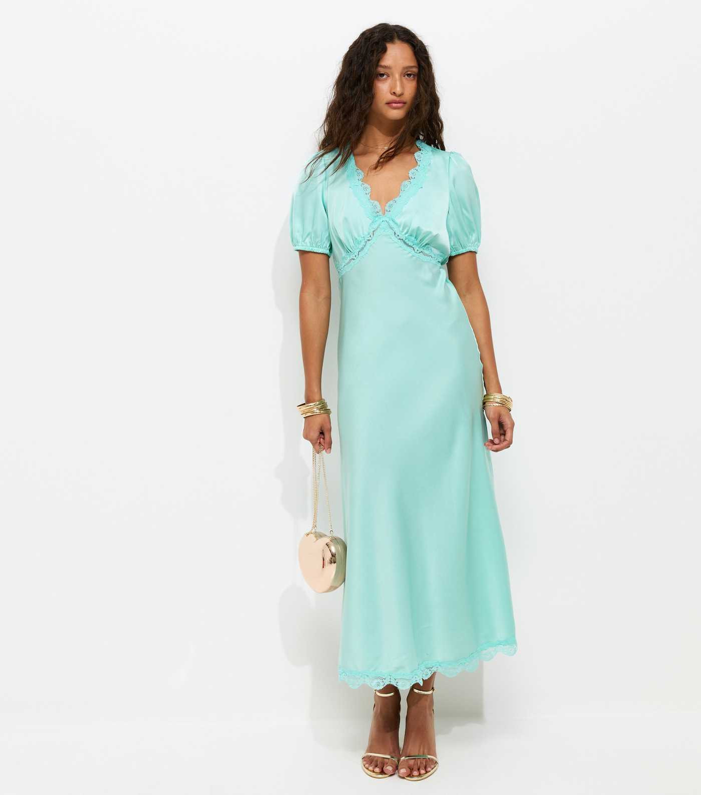 Light Blue Satin Lace Trim Tea Midi Dress | New Look | New Look (UK)