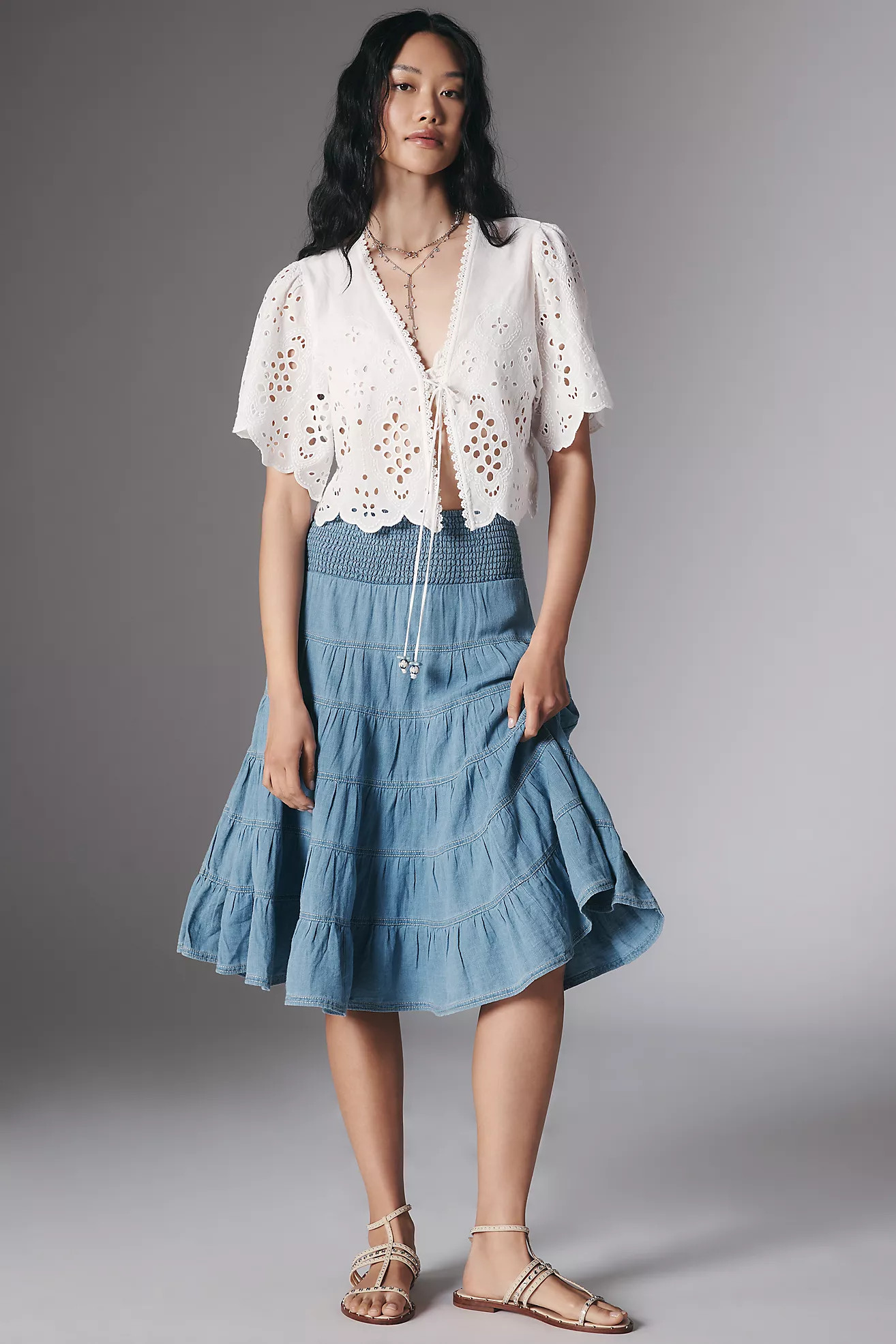 The Reese Smocked Denim Pull-On Midi Skirt | Anthropologie (US)