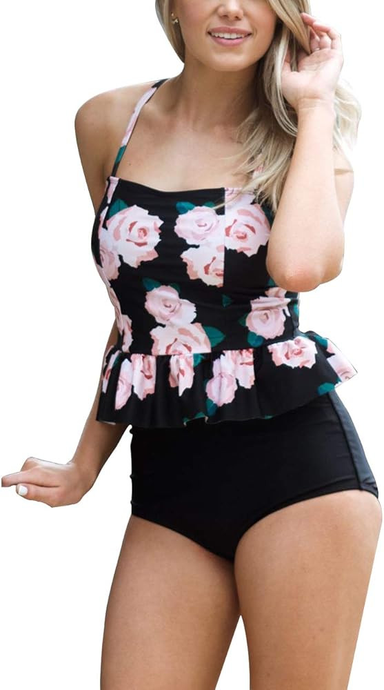 Womens Flounce High Waisted Swimsuit Sports Crop Tops Bathing Suits Floral Print Ruffled Bikini T... | Amazon (US)