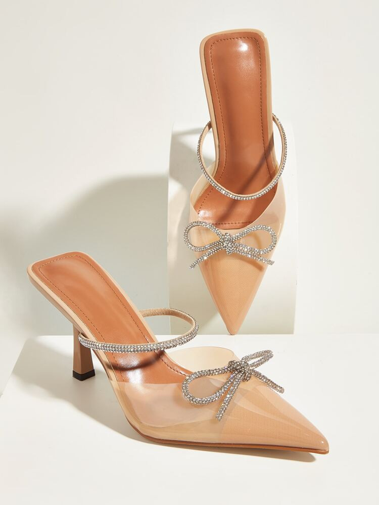 Rhinestone & Bow Decor Point Toe Heeled Mule Pumps | SHEIN