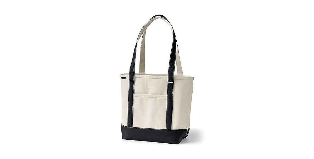 Lands' End Medium 5 Pocket Open Top Long Handle Canvas Tote Bag - Natural/black | Macy's
