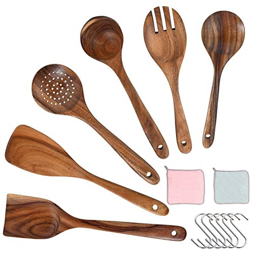 Wooden Spoons for Cooking WOODME 6pcs Wooden Kitchen Utensils Set,Natural Teak Wooden Spoons Cooking Utensil Set For Non Stick Pan With 6 Hooks & 1PCS Kitchen Dish Towels | Amazon (US)