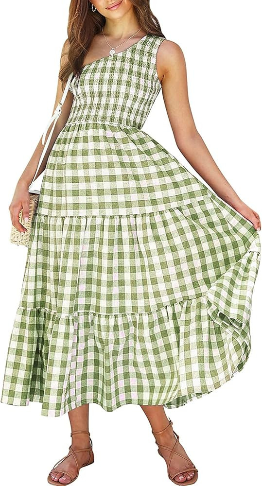 BTFBM Women One Shoulder Sleeveless Casual Summer Dresses Smocked High Waist Floral Print Boho Pleat | Amazon (US)