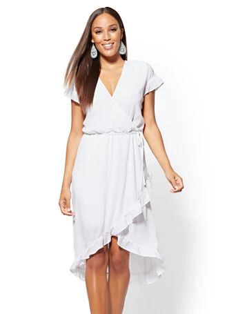 White Ruffled Wrap Midi Dress | New York & Company