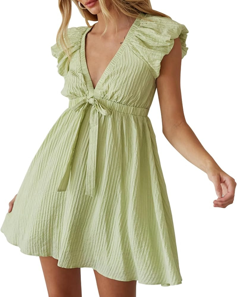 Womens V Neck Elastic High Waisted Mini Babydoll Dress Puff Sleeve Textured Bow Knot Flowy A Line... | Amazon (US)