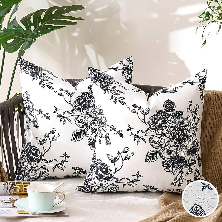 Black and White Waterproof Throw Pillow Covers 16X16 Decorative Pillow Covers Outdoor Flower Thro... | Amazon (CA)