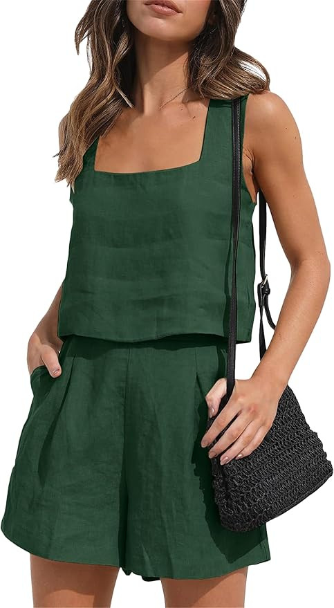 YMING Womens 2 Piece Outfits Linen Matching Sets Sleeveless Crop Tank Tops and High Waist Lounge ... | Amazon (US)