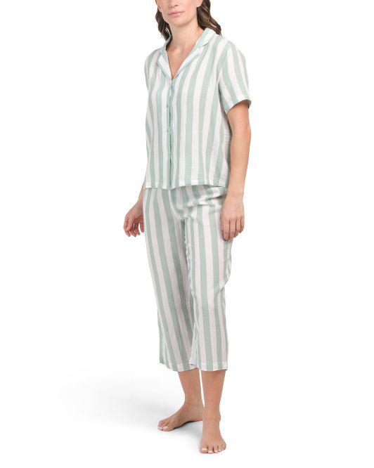 Cabana Stripe Short Sleeve Notch Collar Top And Pants Pajama Set | TJ Maxx