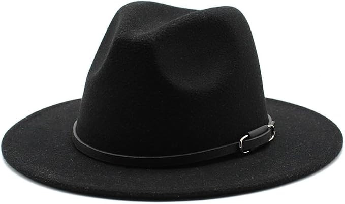 Women Classic Felt Fedora Hat Wide Brim Wool Panama Hat Jazz Cap with Belt Buckle (Black 56-58cm) | Amazon (UK)