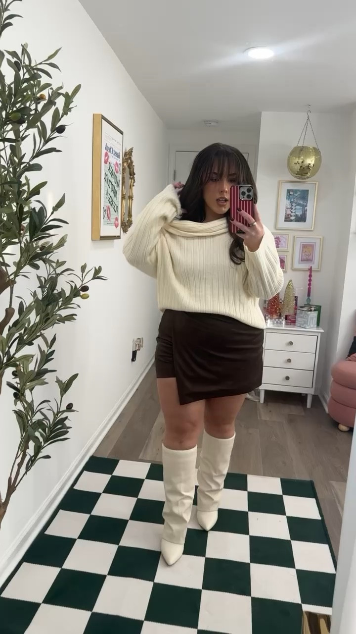 Loving this chocolate brown suede skort paired with this chunky off the shoulder sweater! And I can't believe I found these gorgeous boots that actually fit my wide 17" calves on Amazon 🙌🏻 An equally comfy and chic look!

#midsizeoutfits #holidayoutfitinspo #size12style

#LTKPlusSize #LTKMidsize #LTKStyleTip