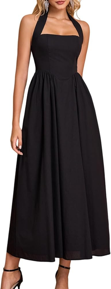 Halter Wedding Guest Midi Dress Corset Flowy A Line Tea Party Sundress 2026 Milkmaid Dresses with... | Amazon (US)
