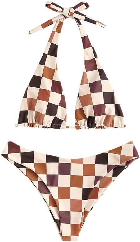 Amazon.com: ZAFUL Women's Halter Plaid Checkerboard Print Multi Way High Cut Bikini Two Piece Swi... | Amazon (US)