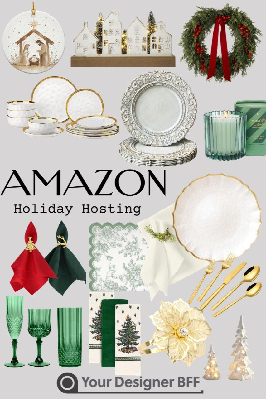 Amazon Holiday Hosting Finds 🎄✨All the festive table + décor details you need for effortless holiday hosting—straight from Amazon. From elegant gold-rim dinnerware and vintage-inspired plates to green glassware, chic flatware, and cozy candlelight accents. Loving the classic wreaths, soft linen napkins with rings, Christmas tree dish towels, and warm decorative trees for that perfect seasonal glow. Whether you’re hosting Christmas dinner or a cozy holiday brunch, these pieces make your table feel elevated and inviting.

#LTKHoliday #LTKHome #LTKSeasonal