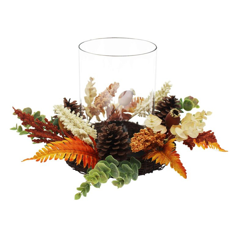 Mainstays Autumn Harvest Glass Hurricane Candleholder Centerpiece with rattan ring | Walmart (US)
