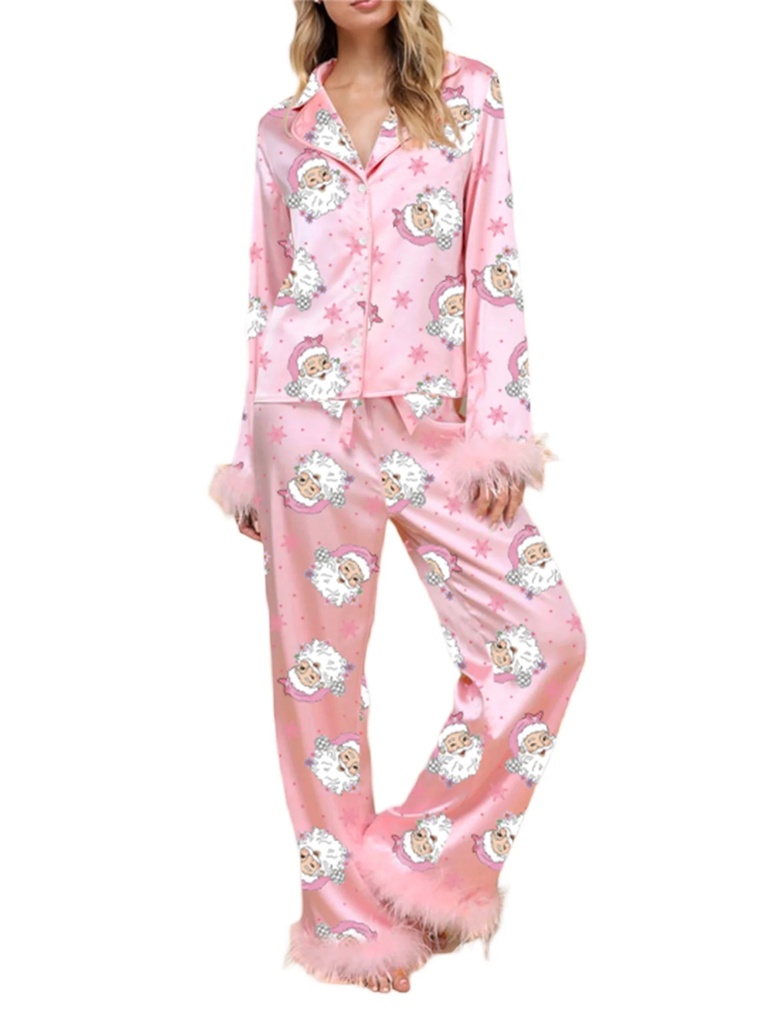 Women Christmas Satin Pajamas Sets Xmas Long Sleeve Silk Pjs Sleepwear Feather Trim Holiday Loung... | Walmart (US)