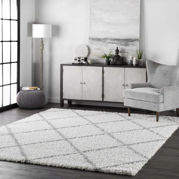 Colona Geometric Shag White Area Rug | Wayfair North America