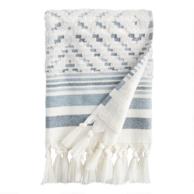 Ivory and Indigo Sculpted Diamond Marin Hand Towel | World Market