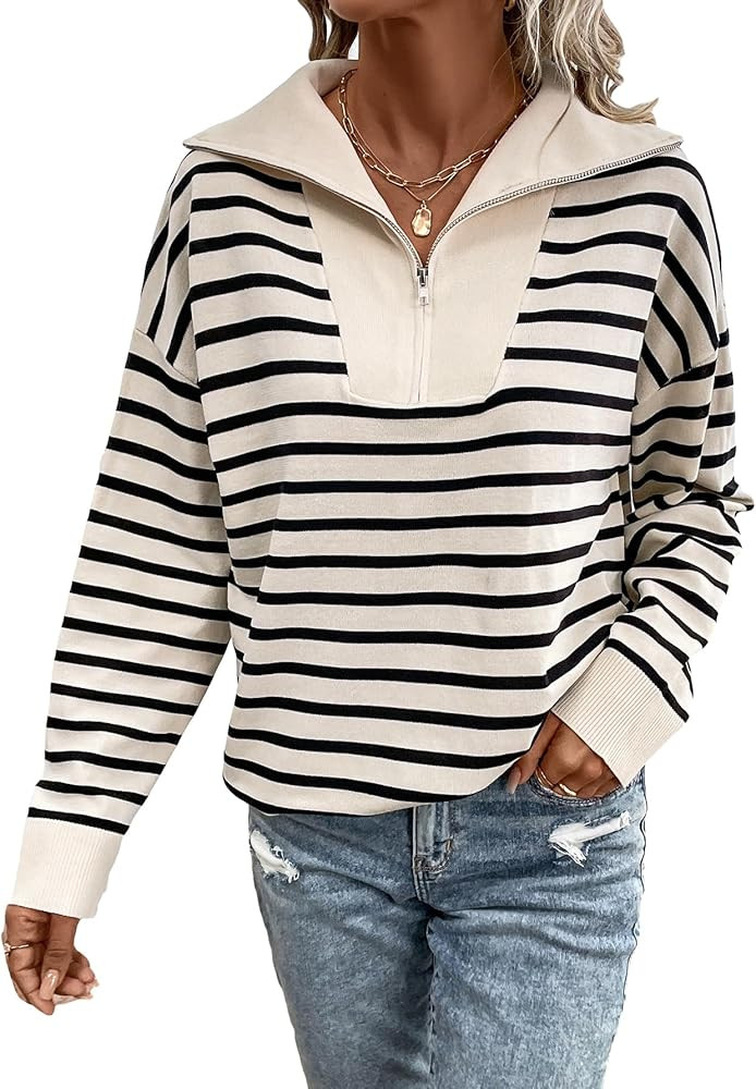 Verdusa Women's Striped Zip Up Collar Drop Shoulder Loose Sweater Pullover Tops | Amazon (US)