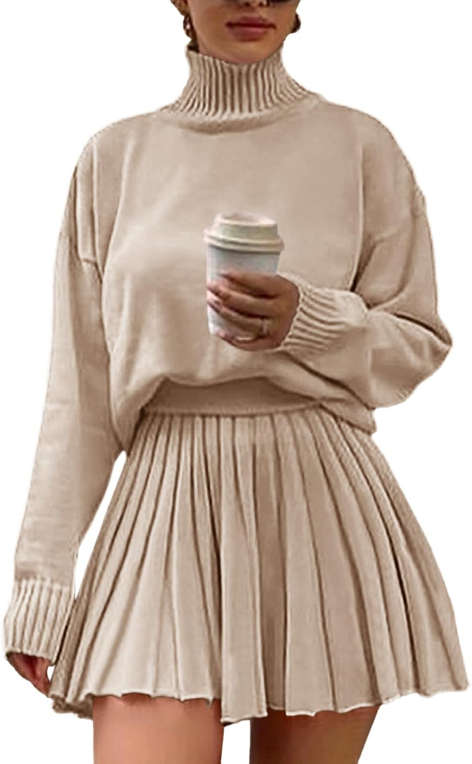 Women's 2 Piece Outfits Turtleneck Long Sleeve Oversized Pullover Sweaters and Pleated Mini Skirt Two Piece Sets | Amazon (US)