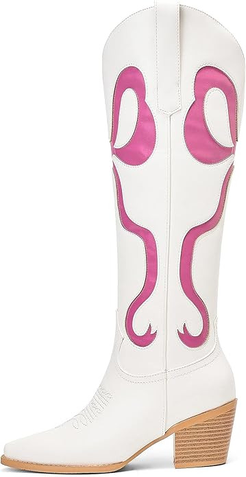 Women's Cowboy Boots With Colorful Bows Embroidered White Knee-High Cowboy Boots Fashion Almond T... | Amazon (US)