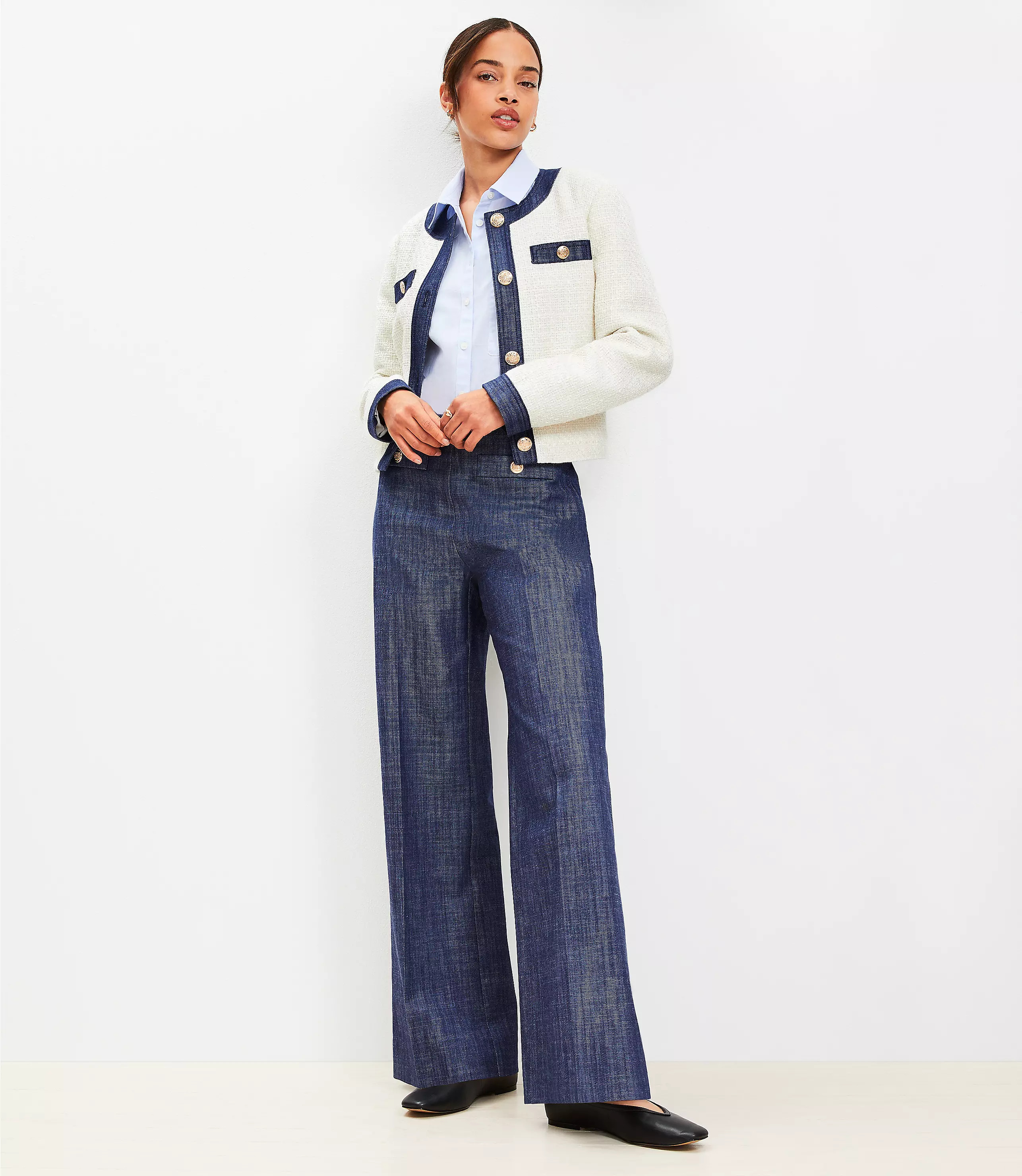 Button Trim Wide Leg Pants in Refined Denim | LOFT