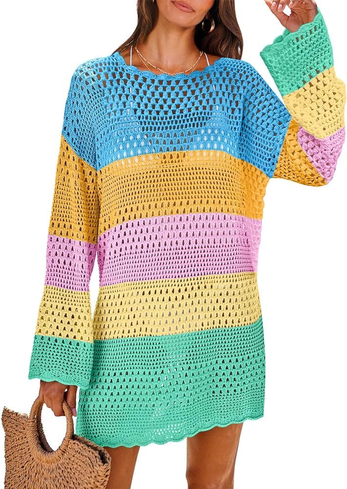 ANRABESS Women Swimsuit Crochet Swim Cover Up 2024 Summer Bathing Suit Swimwear Mesh Knit Beach D... | Amazon (US)