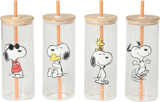 Peanuts Snoopy Happy Sips 4 Piece 23 OZ Tumbler Set with 4 Bamboo Lids and 4 Straws Set, Iced Cof... | Amazon (US)