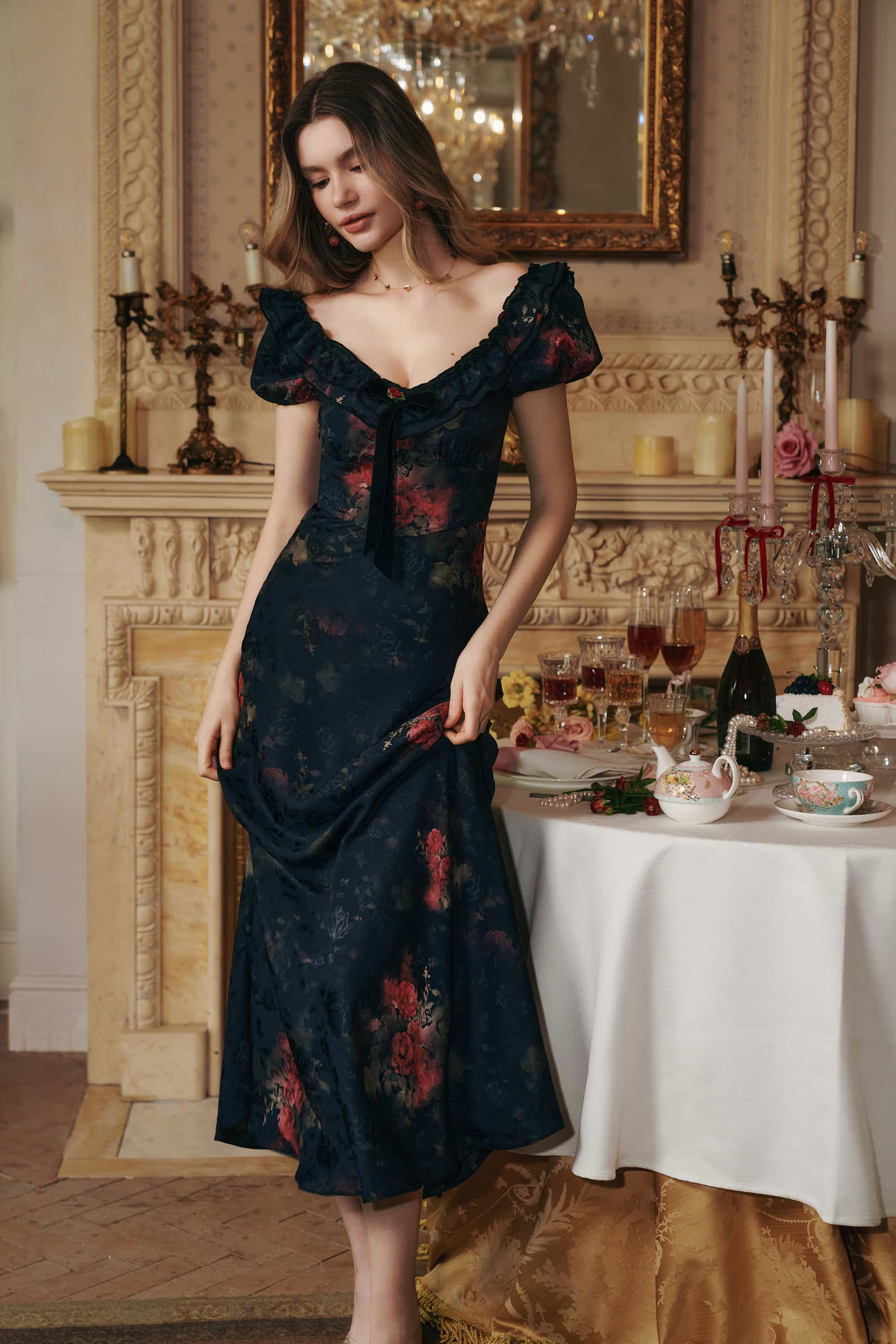 Catherine Jacquard Satin Maxi Dress in Black | American Heiress