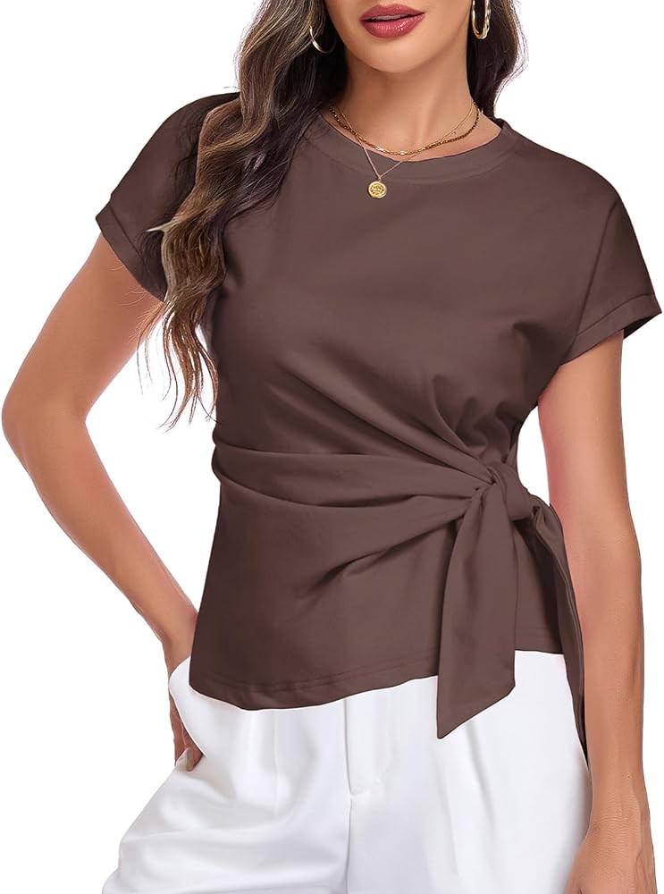 HOTIAN Womens Cap Sleeve T Shirts 2026 Tie Waist Wrap Tops Crew Neck Blouses Dressy Casual Loose ... | Amazon (US)