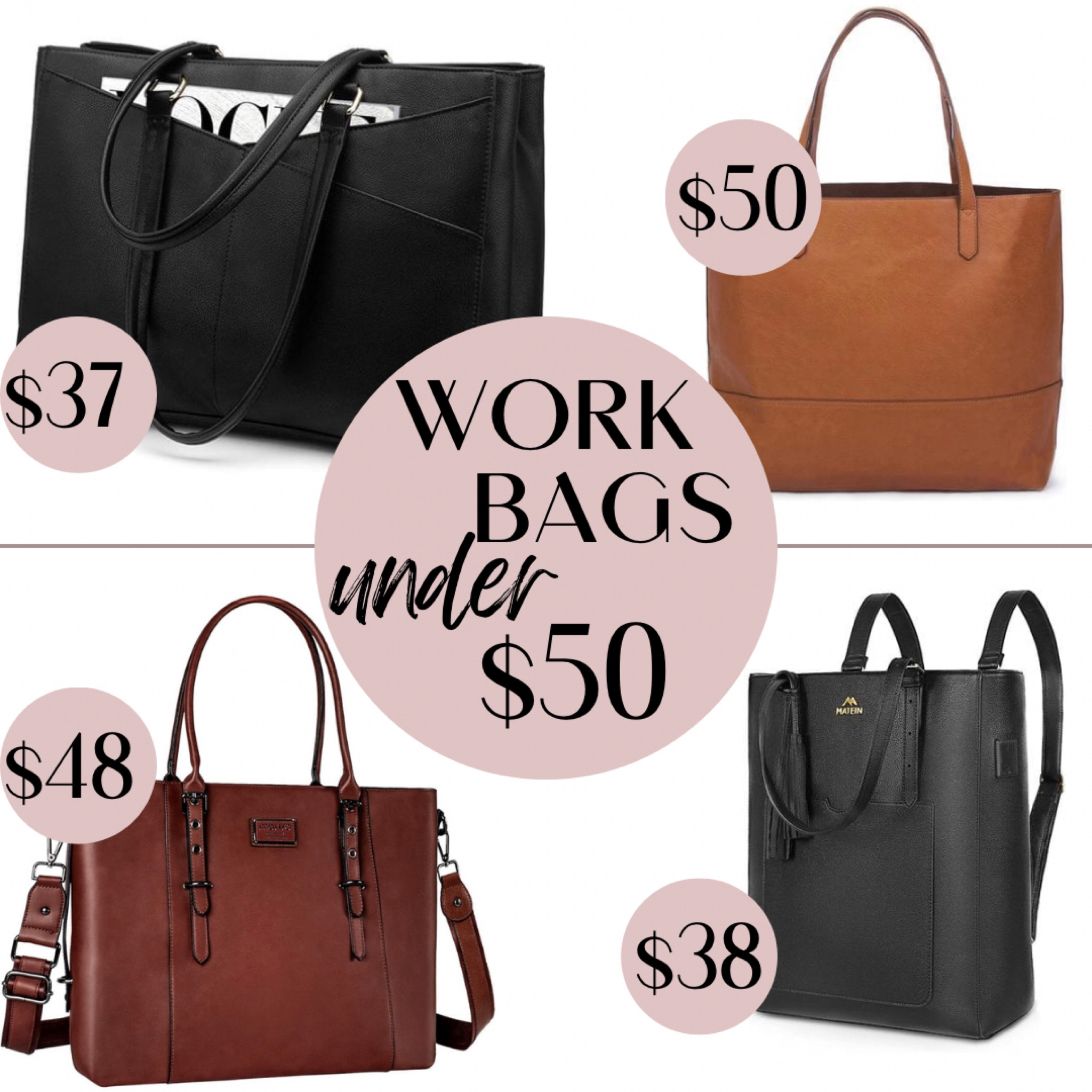 Stylish work tote bags #under50 all from Amazon!! 🔥 
My favorite bag colors for the office are definitely black and any shade of brown! Even a cheaper bag can look high end in those colors! 🙌 

#officewear #workwear #bagsunder50 #workbag #tote 

#LTKworkwear #LTKunder50 #LTKstyletip