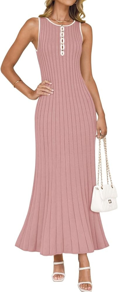 ZESICA Womens 2025 Summer Long Maxi Dress Sleeveless Crew Neck Hollow Out Pleated Ribbed Knit Swi... | Amazon (US)