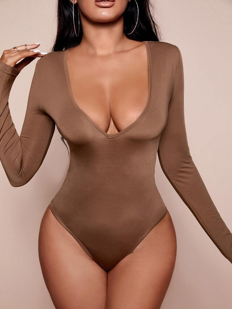 SHEIN SXY Solid Plunging Neck Slim Fit Bodysuit | SHEIN