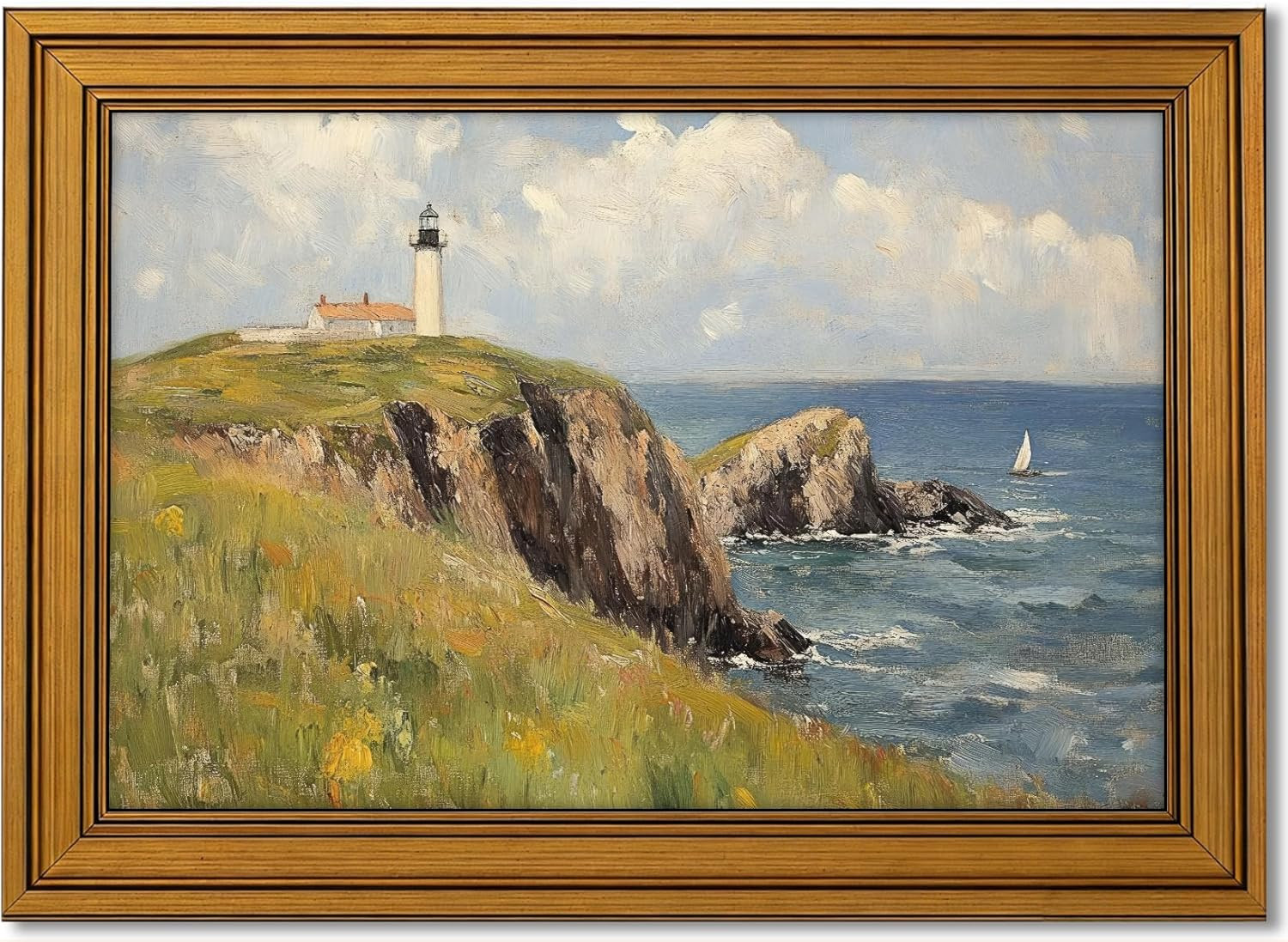 Amazon.com: Vintage Gold Framed Canvas Wall Art, Island Lighthouse Poster Artwork, Nature Ocean L... | Amazon (US)
