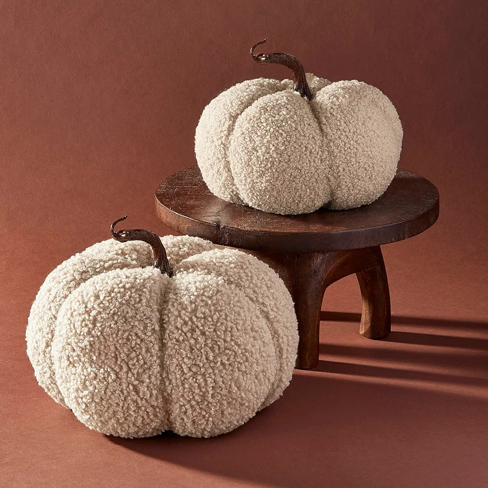 LampLust Sherpa Fabric Pumpkins for Decorating - Set of 2 Medium Plush Faux Pumpkin Decorations w... | Amazon (US)